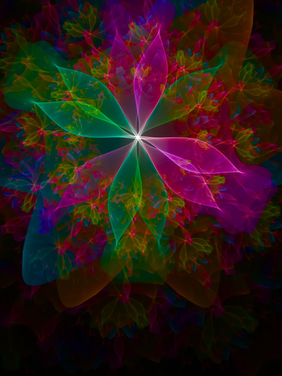 Tall botanical fractal bloom in green, blue, red and violet