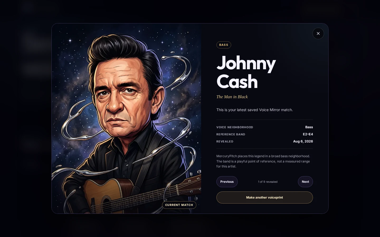 Full-screen MercuryPitch Johnny Cash voice legend portrait with voice-neighborhood details