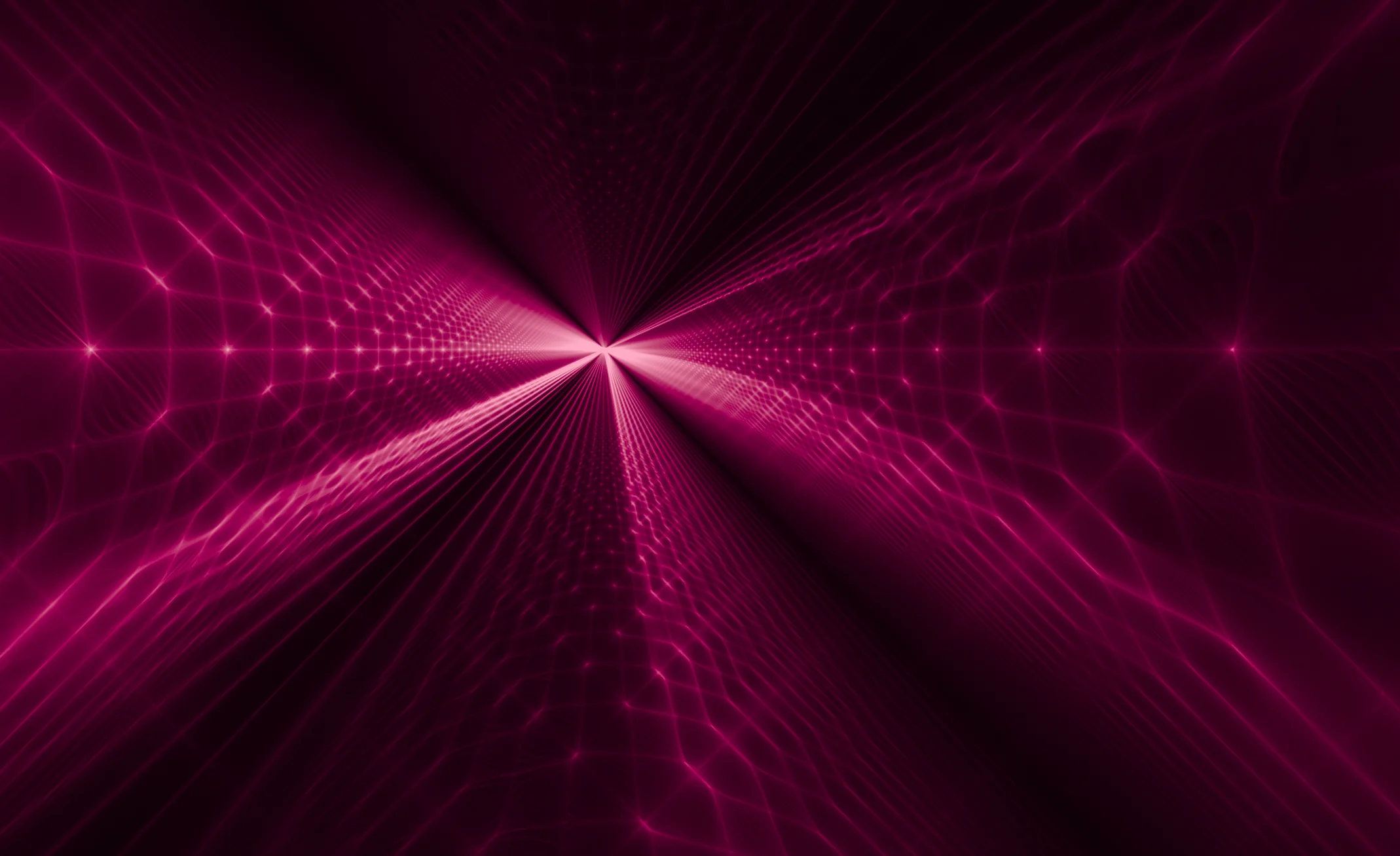 Symmetrical magenta fractal lines converging into a bright point in deep space