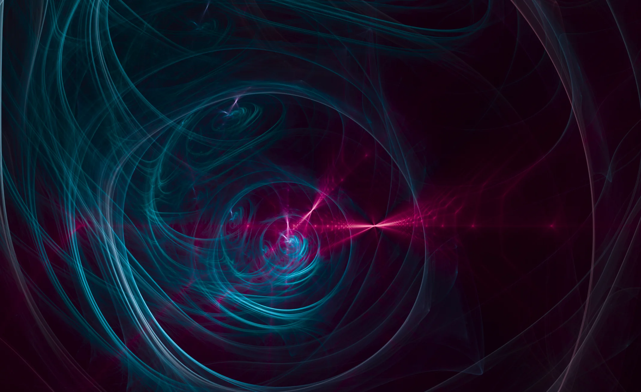 Turquoise and magenta fractal spirals curling across a black field