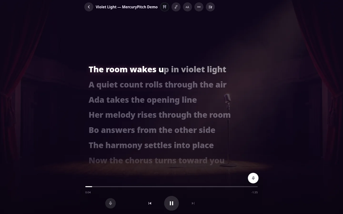MercuryPitch Karaoke Night showing synchronized lyrics for Violet Light over a dark theatre stage