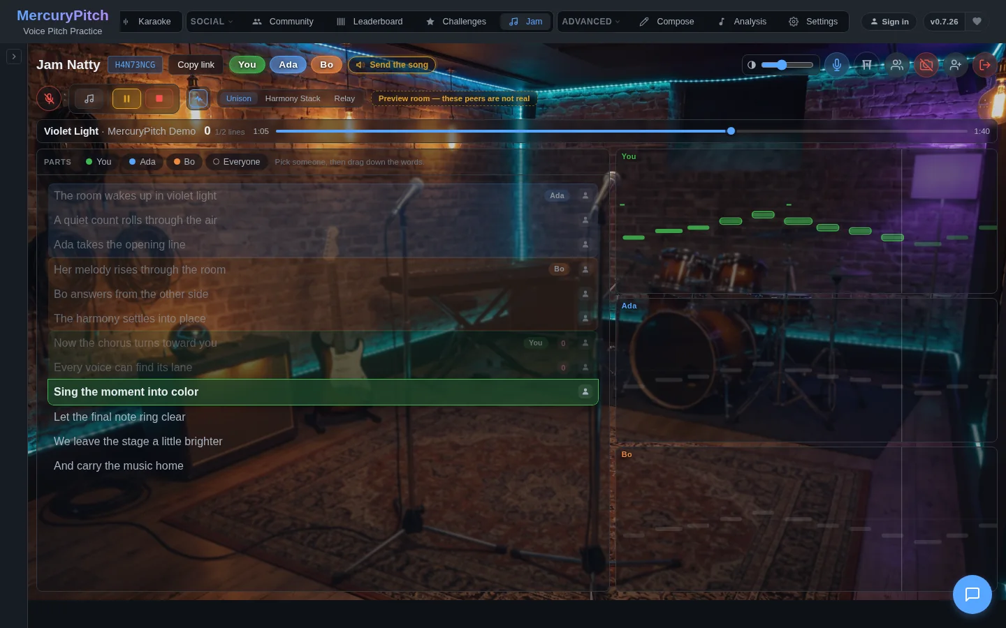 MercuryPitch Jam Room with assigned lyrics and live pitch lanes for three singers