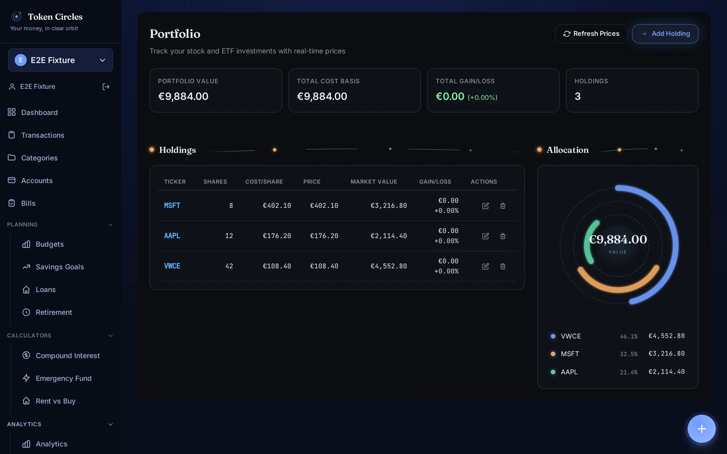 Token Circles portfolio screen with holdings table, value totals and an allocation orbit chart