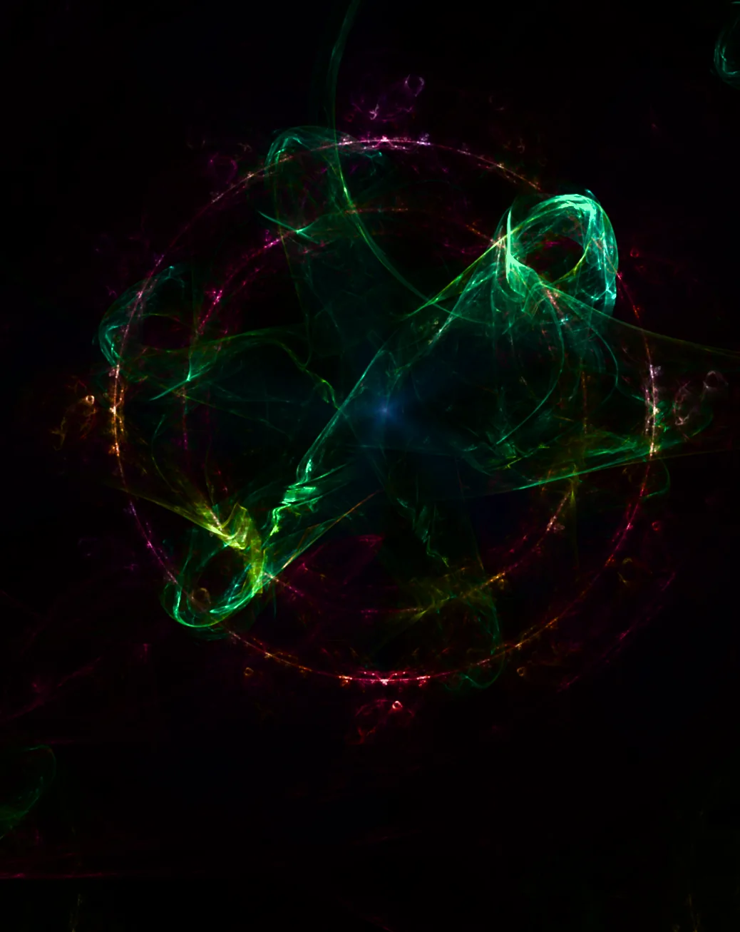 Tall green, teal and magenta fractal orb floating in the dark
