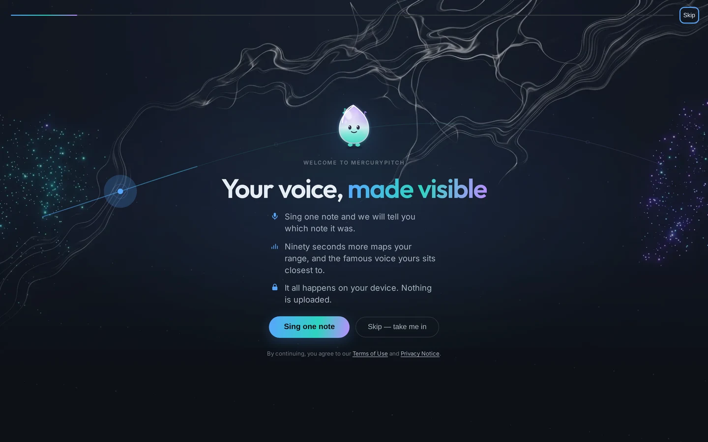 MercuryPitch First Light onboarding screen inviting the singer to sing one note and begin a private voiceprint