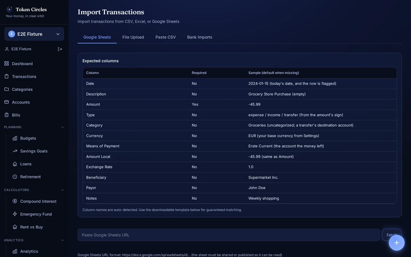 Token Circles transaction import screen showing Google Sheets, file upload, CSV paste and bank-import paths