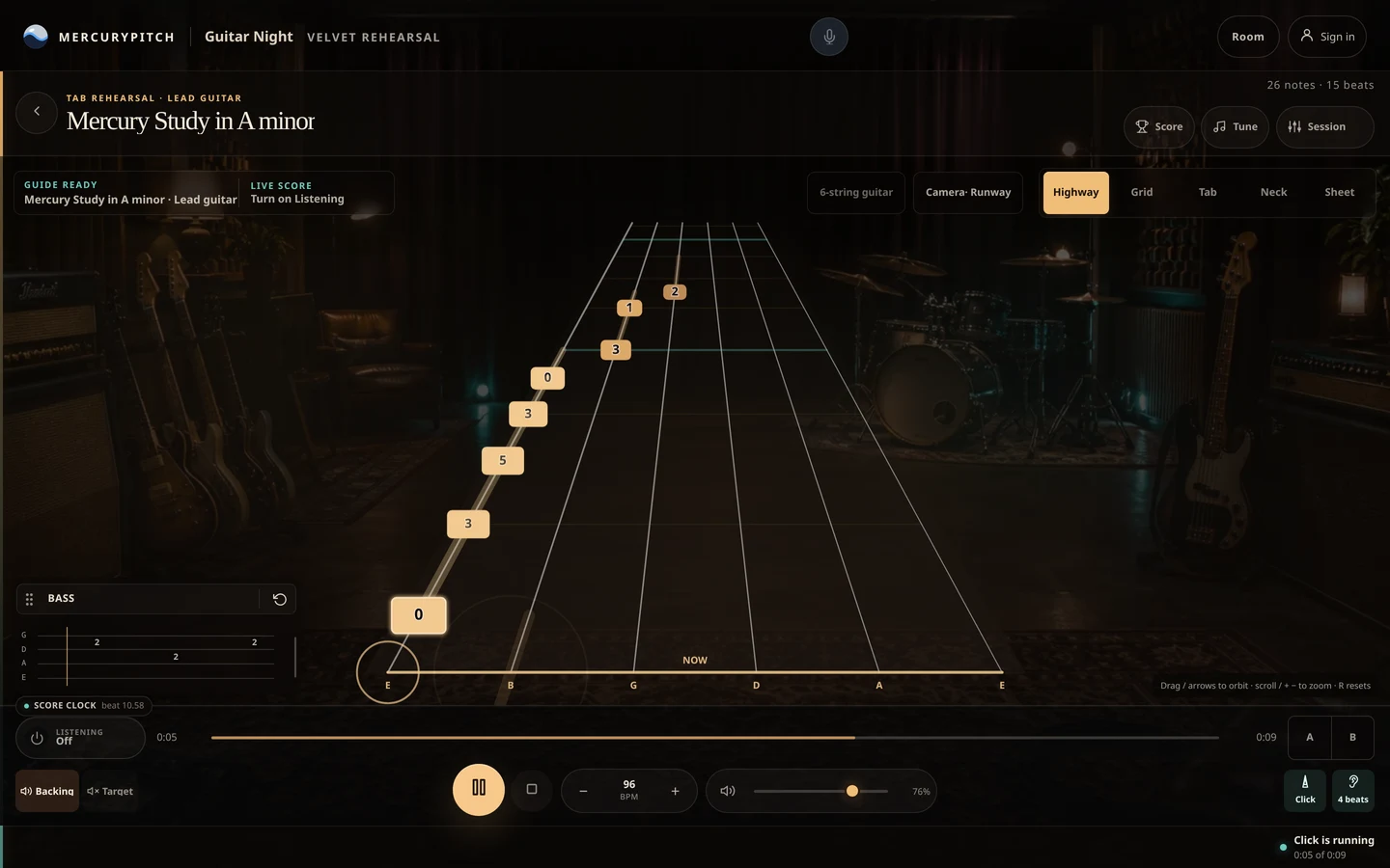 MercuryPitch Guitar Night with a tab above the fretboard and the played notes scored against it