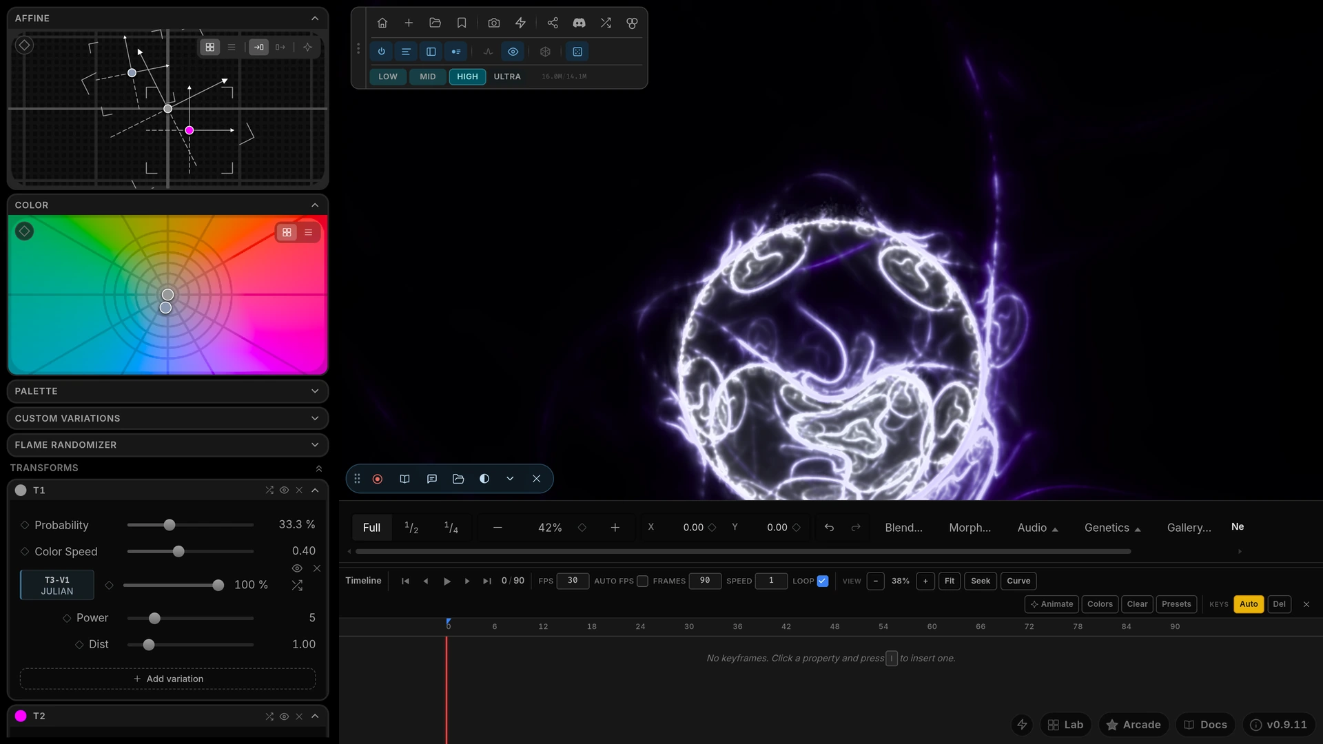 The Lumen Apeiron editor with affine and colour panels open beside a violet fractal sphere and an animation timeline