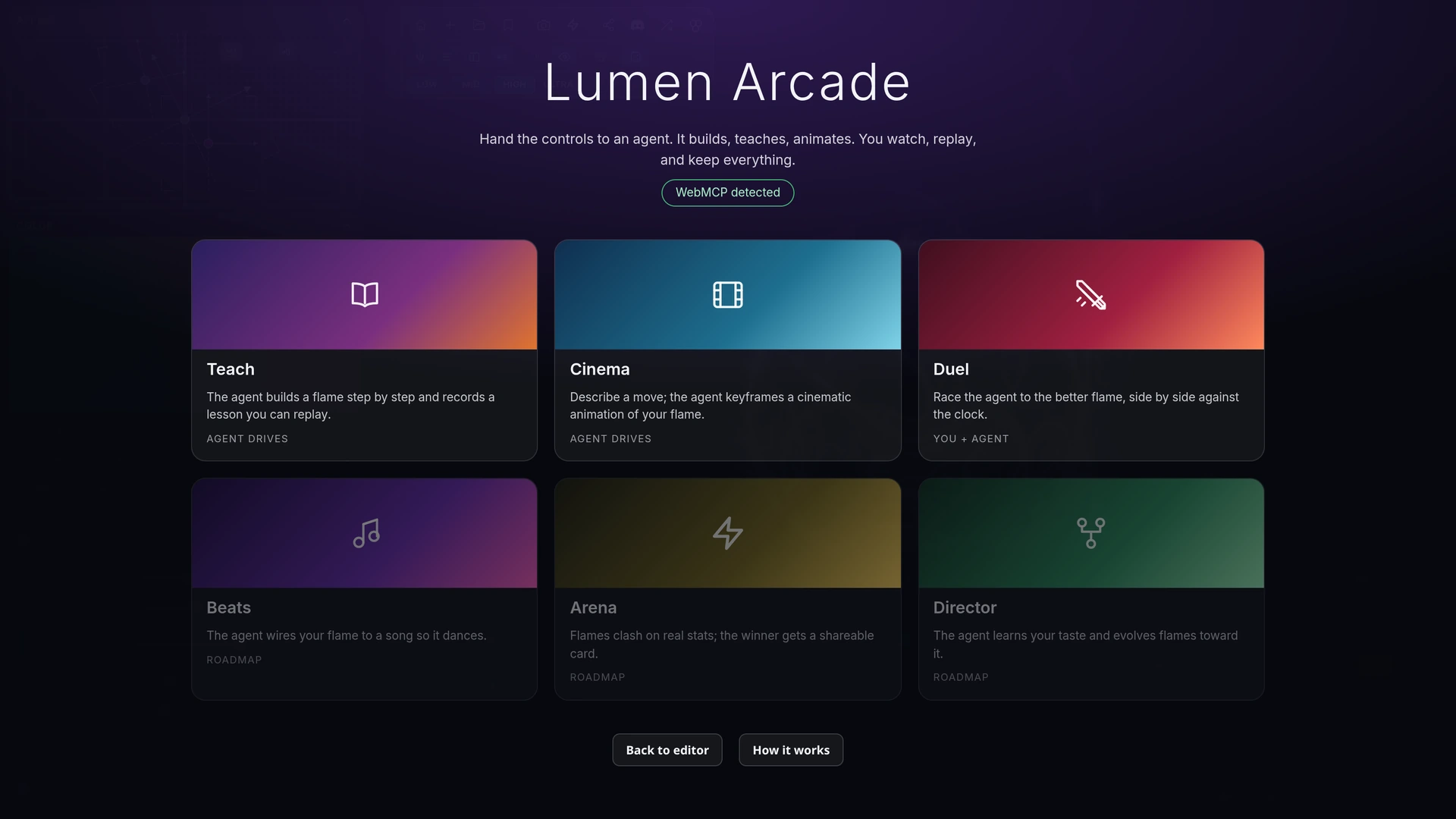 The Lumen Arcade screen showing six agent modes: Teach, Cinema, Duel, Beats, Arena and Director