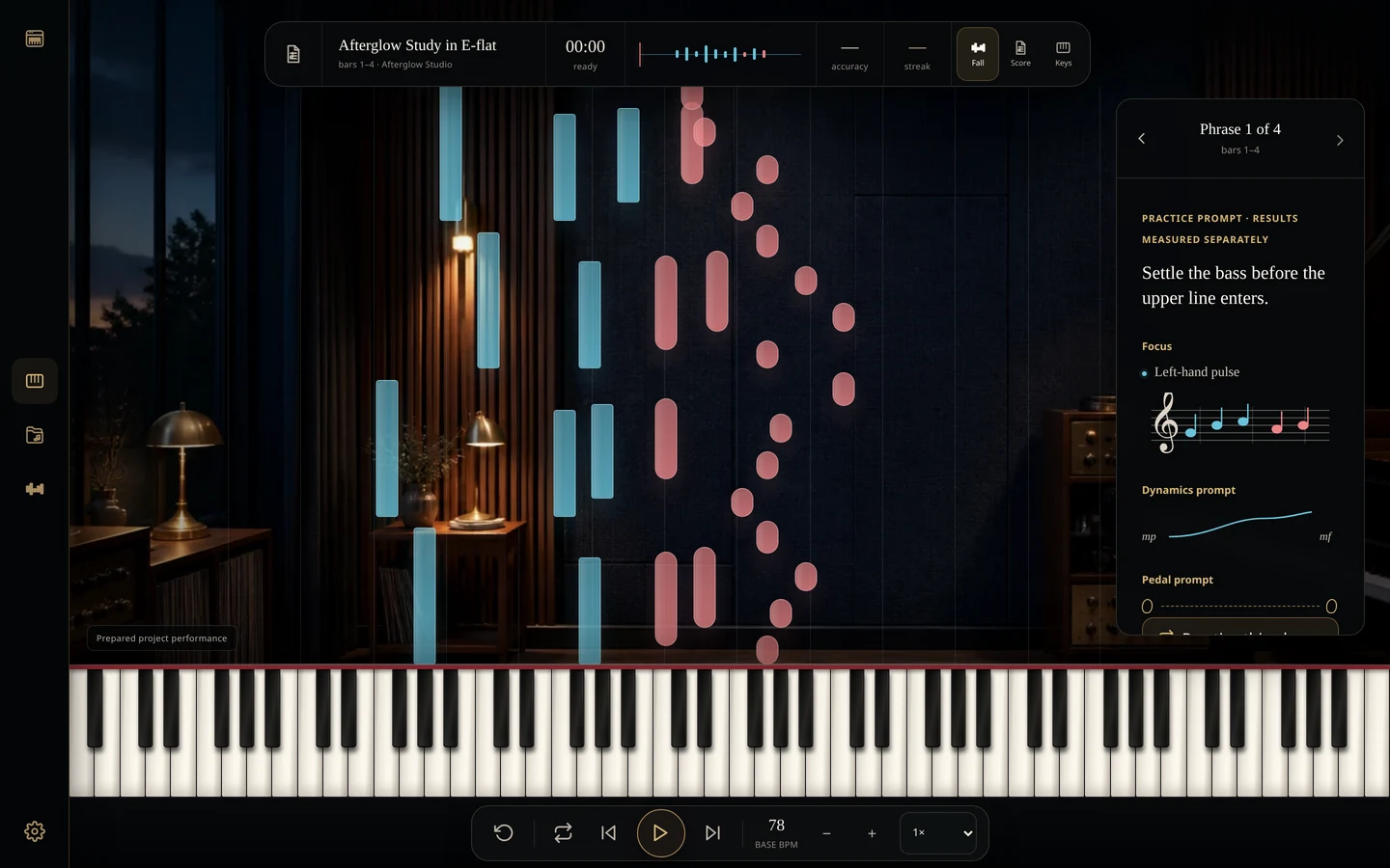 MercuryPitch Piano Night showing a passage on the keyboard with each note checked as it lands