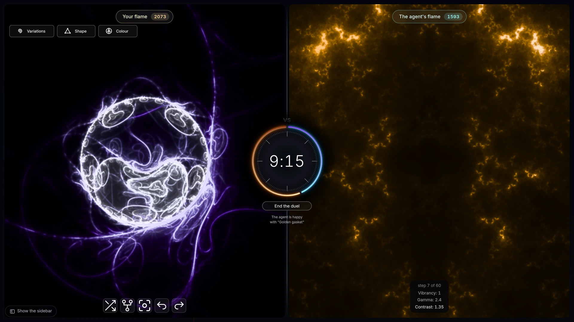 A Lumen Apeiron duel in progress: a violet fractal sphere on the left, a golden Apollonian gasket on the right, and a shared countdown between them
